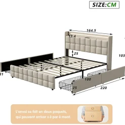Lit Double Coffre 160x200cm Avec Éclairage LED Et 4 Tiroirs, Rechargeable, Avec Tête De Lit,beige><noscript><img width=