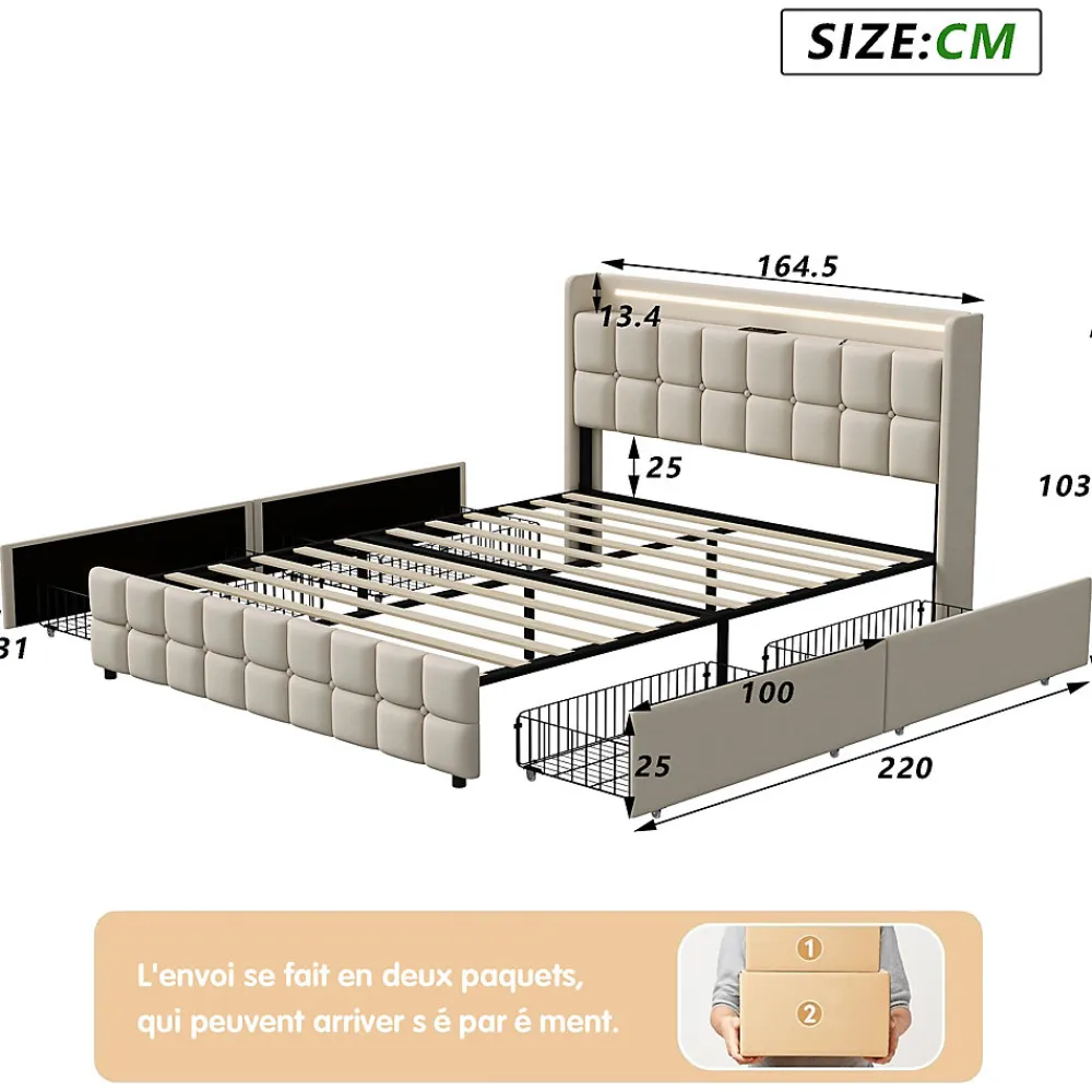 Lit Double Coffre 160x200cm Avec Éclairage LED Et 4 Tiroirs, Rechargeable, Avec Tête De Lit,beige>Fortuna lai New