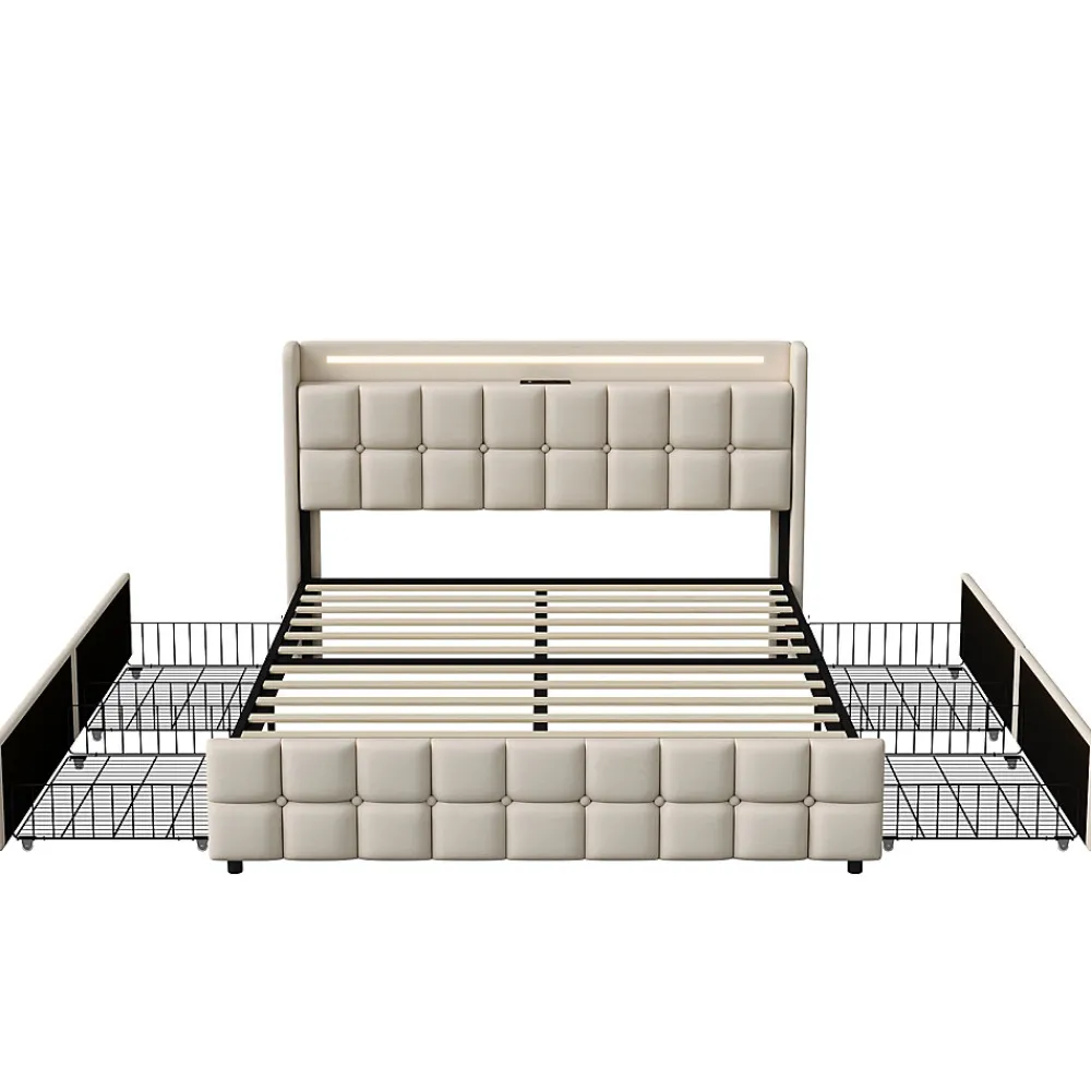 Lit Double Coffre 160x200cm Avec Éclairage LED Et 4 Tiroirs, Rechargeable, Avec Tête De Lit,beige>Fortuna lai New