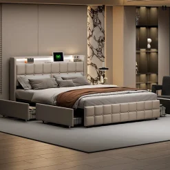 Lit Double Coffre 160x200cm Avec Éclairage LED Et 4 Tiroirs, Rechargeable, Avec Tête De Lit,beige><noscript><img width=