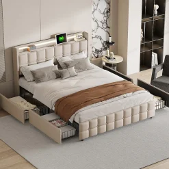 Lit Double Coffre 160x200cm Avec Éclairage LED Et 4 Tiroirs, Rechargeable, Avec Tête De Lit,beige><noscript><img width=