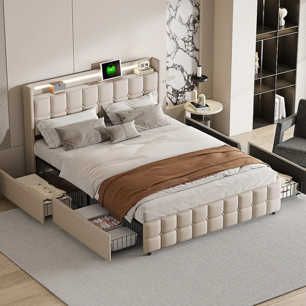 Lit Double Coffre 160x200cm Avec Éclairage LED Et 4 Tiroirs, Rechargeable, Avec Tête De Lit,beige>Fortuna lai New