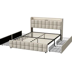 Lit Double Coffre 160x200cm Avec Éclairage LED Et 4 Tiroirs, Rechargeable, Avec Tête De Lit,beige><noscript><img width=