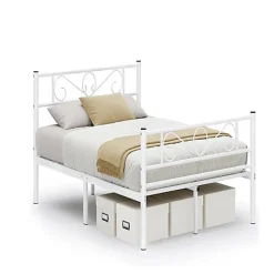 Lit Double Convient pour Matelas de 140 x 190 cm Blanc Métal Montage Facile + Espace Rangement Chambre>Nature Pro Discount