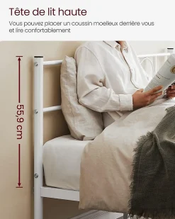 Lit Double Convient pour Matelas de 140 x 190 cm Blanc Métal Montage Facile + Espace Rangement Chambre>Nature Pro Discount