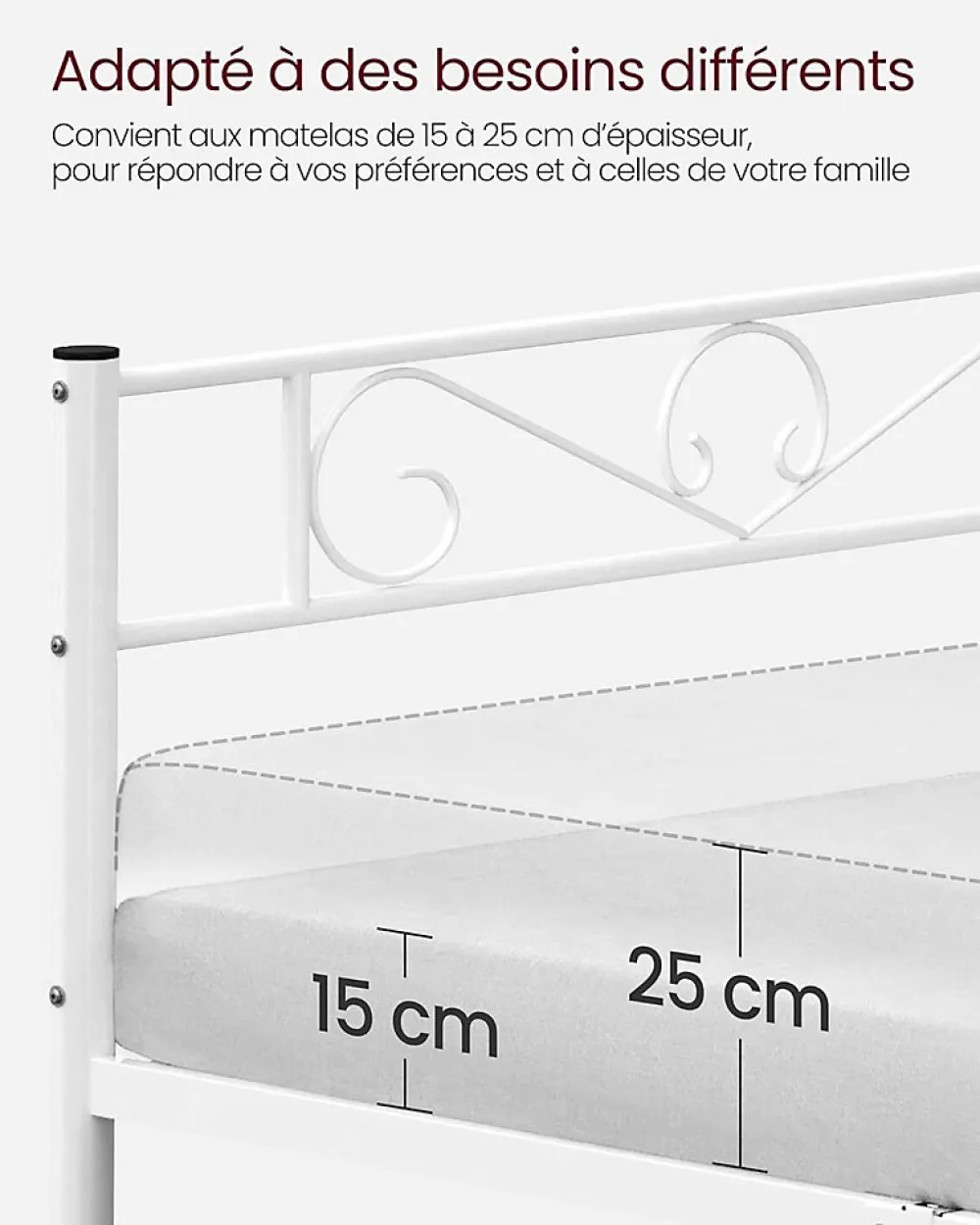 Lit Double Convient pour Matelas de 140 x 190 cm Blanc Métal Montage Facile + Espace Rangement Chambre>Nature Pro Discount