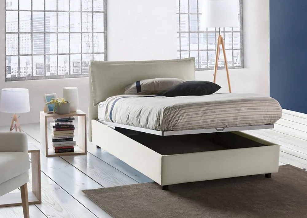 Talamo Italia Lit double Daalt, Lit coffre avec revêtement en tissu, Ouverture frontale, avec matelas 120x200 cm inclus, Beige* Lit Coffre