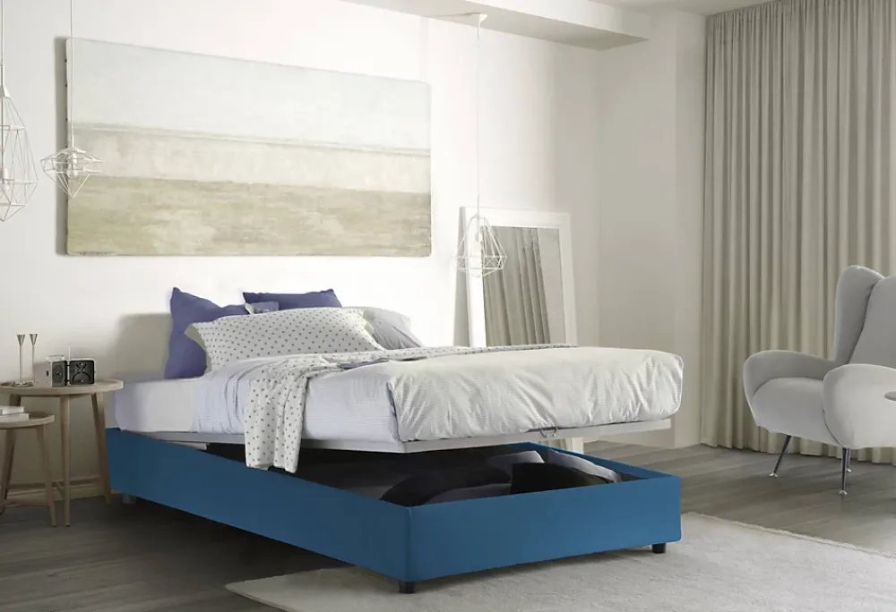 Talamo Italia Lit double Dbamb, Lit coffre avec revêtement en tissu, Ouverture frontale, avec matelas 120x190 cm inclus, Bleu* Lit Coffre