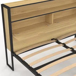 IDMarket Lit double DETROIT LED intégrés dans la tête de lit et sommier 140 x 190 cm effet bois et métal noir design industriel* Lit Avec Rangement