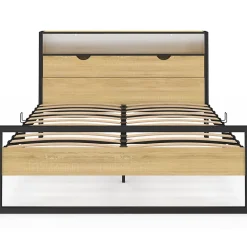 IDMarket Lit double DETROIT LED intégrés dans la tête de lit et sommier 140 x 190 cm effet bois et métal noir design industriel* Lit Avec Rangement