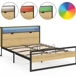 IDMarket Lit double DETROIT LED intégrés dans la tête de lit et sommier 140 x 190 cm effet bois et métal noir design industriel* Lit Avec Rangement