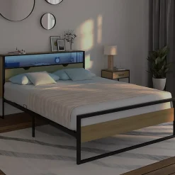 IDMarket Lit double DETROIT LED intégrés dans la tête de lit et sommier 140 x 190 cm effet bois et métal noir design industriel* Lit Avec Rangement