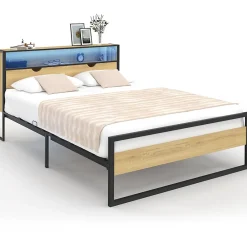 IDMarket Lit double DETROIT LED intégrés dans la tête de lit et sommier 140 x 190 cm effet bois et métal noir design industriel* Lit Avec Rangement