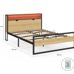IDMarket Lit double DETROIT LED intégrés dans la tête de lit et sommier 140 x 190 cm effet bois et métal noir design industriel* Lit Avec Rangement