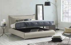 Lit double Dfecci, Lit coffre avec revêtement et tête de lit en tissu, Ouverture frontale, adapté pour matelas 160x190 cm, Beige><noscript><img width=