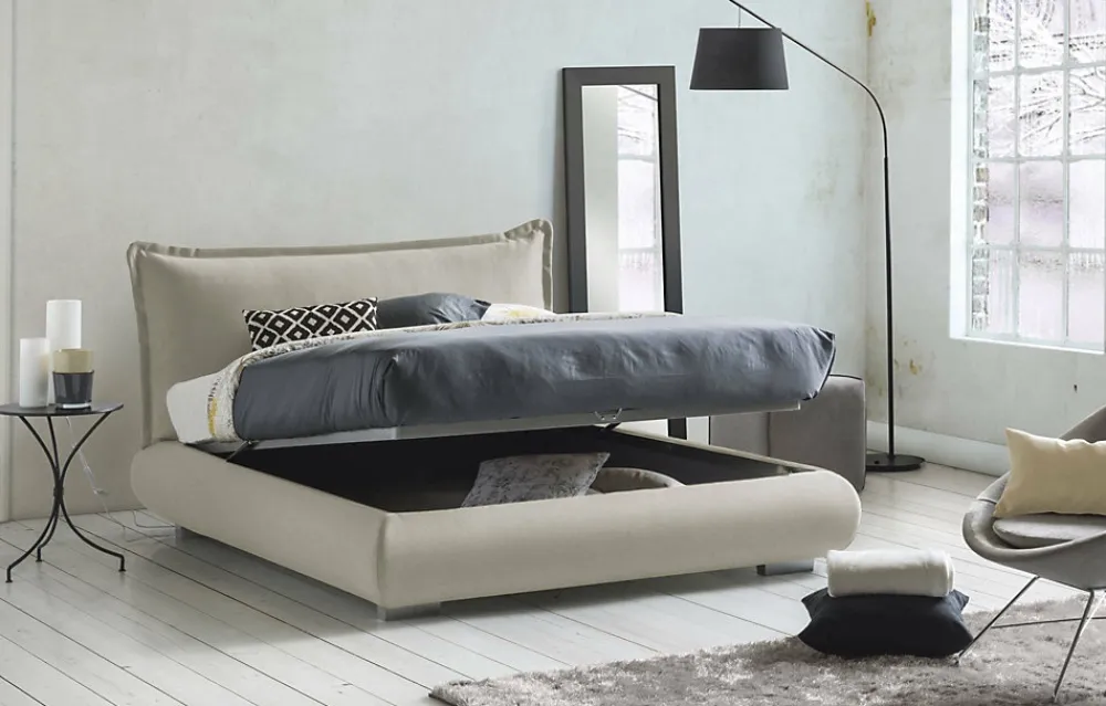 Lit double Dfecci, Lit coffre avec revêtement et tête de lit en tissu, Ouverture frontale, adapté pour matelas 160x190 cm, Beige>Talamo Italia New