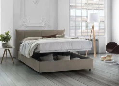 Lit double Dfecci, Lit coffre avec revêtement en tissu, Ouverture frontale, avec matelas 160x200 cm inclus, Taupe><noscript><img width=
