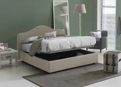 Lit double Djoci, Lit coffre avec revêtement en tissu, Ouverture frontale, avec matelas 160x200 cm inclus, Taupe><noscript><img width=