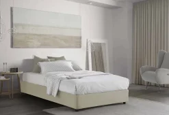 Lit double Dmalizi, Lit coffre avec revêtement en tissu, Ouverture frontale, avec matelas 120x200 cm inclus, Beige>Talamo Italia Sale