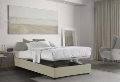 Lit double Dmalizi, Lit coffre avec revêtement en tissu, Ouverture frontale, avec matelas 120x200 cm inclus, Beige><noscript><img width=