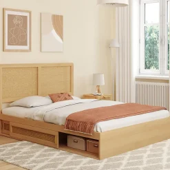 IDMarket Lit double EDHEN avec rangements + tête de lit effet cannage naturel et sommier 140 x 190 cm coloris bois* Lit Avec Rangement