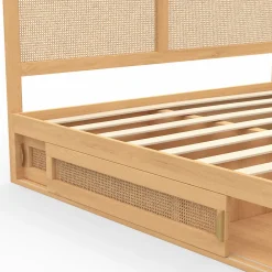 IDMarket Lit double EDHEN avec rangements + tête de lit effet cannage naturel et sommier 140 x 190 cm coloris bois* Lit Avec Rangement