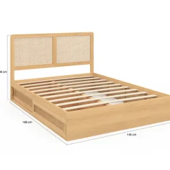 IDMarket Lit double EDHEN avec rangements + tête de lit effet cannage naturel et sommier 140 x 190 cm coloris bois* Lit Avec Rangement