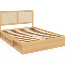 IDMarket Lit double EDHEN avec rangements + tête de lit effet cannage naturel et sommier 140 x 190 cm coloris bois* Lit Avec Rangement