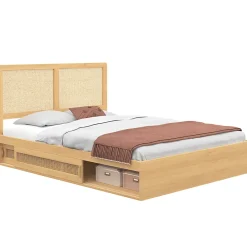 IDMarket Lit double EDHEN avec rangements + tête de lit effet cannage naturel et sommier 140 x 190 cm coloris bois* Lit Avec Rangement