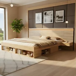 ModernLuxe Lit double en bois 180x200cm - avec tiroirs et 2 tables de chevet - Éclairage LED - Ports USB et Type-C - Naturel (sans matelas)* Lit Avec Rangement
