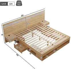 ModernLuxe Lit double en bois 180x200cm - avec tiroirs et 2 tables de chevet - Éclairage LED - Ports USB et Type-C - Naturel (sans matelas)* Lit Avec Rangement