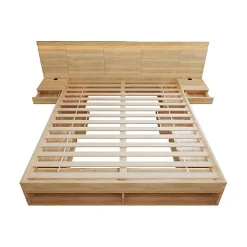 ModernLuxe Lit double en bois 180x200cm - avec tiroirs et 2 tables de chevet - Éclairage LED - Ports USB et Type-C - Naturel (sans matelas)* Lit Avec Rangement