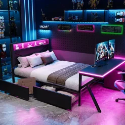 Lit double en métal 140x200cm - avec tête de lit LED - 2 tiroirs et bureau avec éclairage LED - Noir (Matelas non inclus)>ModernLuxe Sale