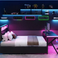 Lit double en métal 140x200cm - avec tête de lit LED - 2 tiroirs et bureau avec éclairage LED - Noir (Matelas non inclus)>ModernLuxe Sale