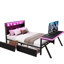 Lit double en métal 140x200cm - avec tête de lit LED - 2 tiroirs et bureau avec éclairage LED - Noir (Matelas non inclus)><noscript><img width=
