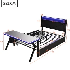 Lit double en métal 140x200cm - avec tête de lit LED - 2 tiroirs et bureau avec éclairage LED - Noir (Matelas non inclus)><noscript><img width=