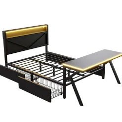 Lit double en métal 140x200cm - avec tête de lit LED - 2 tiroirs et bureau avec éclairage LED - Noir (Matelas non inclus)><noscript><img width=