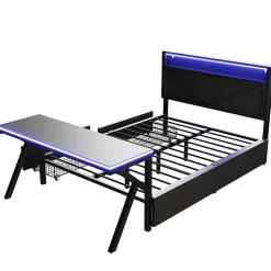 Lit double en métal 140x200cm - avec tête de lit LED - 2 tiroirs et bureau avec éclairage LED - Noir (Matelas non inclus)><noscript><img width=