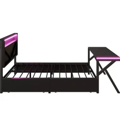 Lit double en métal 140x200cm - avec tête de lit LED - 2 tiroirs et bureau avec éclairage LED - Noir (Matelas non inclus)><noscript><img width=