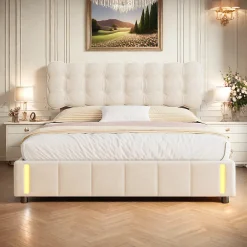 Lit double en velours beige 160x200cm avec rangement hydraulique et lampe sensorielle au pied, confort moderne et lumineux>ProximaX Best