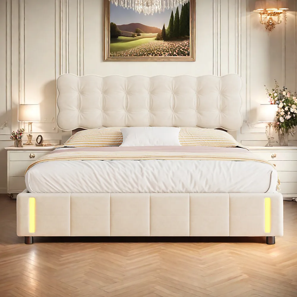 Lit double en velours beige 160x200cm avec rangement hydraulique et lampe sensorielle au pied, confort moderne et lumineux>ProximaX Best