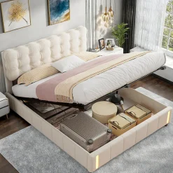 Lit double en velours beige 160x200cm avec rangement hydraulique et lampe sensorielle au pied, confort moderne et lumineux>ProximaX Best
