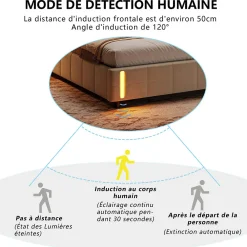 Lit double en velours beige 160x200cm avec rangement hydraulique et lampe sensorielle au pied, confort moderne et lumineux><noscript><img width=