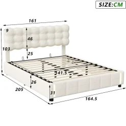 Lit double en velours beige 160x200cm avec rangement hydraulique et lampe sensorielle au pied, confort moderne et lumineux><noscript><img width=