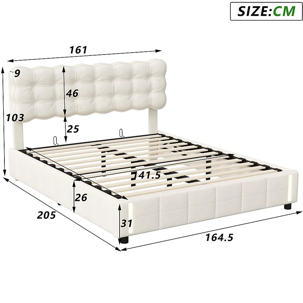 Lit double en velours beige 160x200cm avec rangement hydraulique et lampe sensorielle au pied, confort moderne et lumineux>ProximaX Best