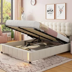 Lit double en velours beige 160x200cm avec rangement hydraulique et lampe sensorielle au pied, confort moderne et lumineux><noscript><img width=
