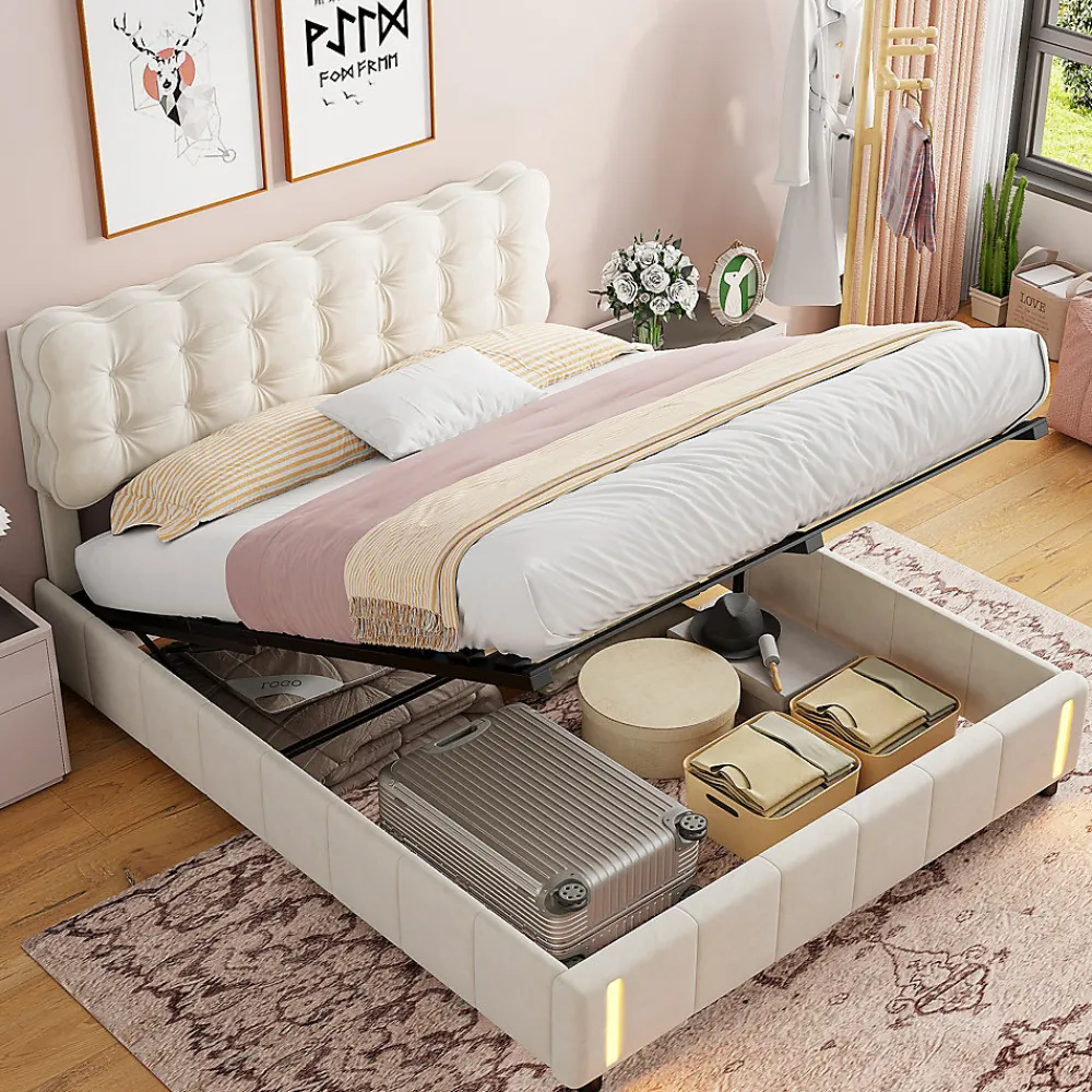 Lit double en velours beige 160x200cm avec rangement hydraulique et lampe sensorielle au pied, confort moderne et lumineux>ProximaX Best