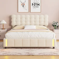 Lit double en velours beige 160x200cm avec rangement hydraulique et lampe sensorielle au pied, confort moderne et lumineux><noscript><img width=