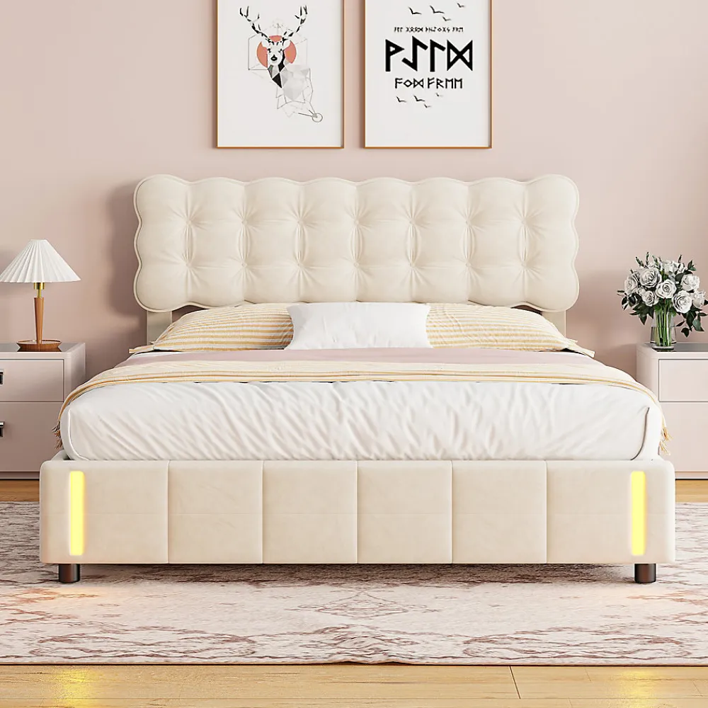 Lit double en velours beige 160x200cm avec rangement hydraulique et lampe sensorielle au pied, confort moderne et lumineux>ProximaX Best
