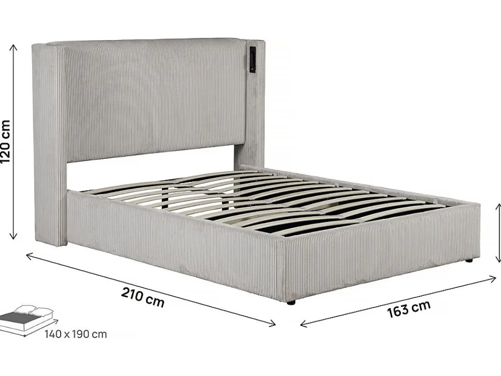 Lit double en velours côtelé avec coffre et lampe intégré "Cortina" 140 x 190 cm Beige>Palozi Home New